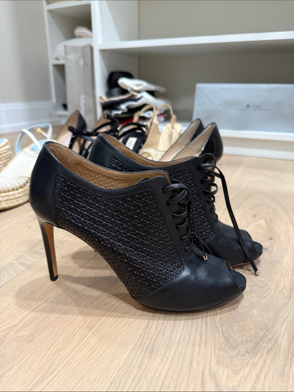 Salvatore Ferragamo Black Lace-Up Peep-Toe Heels